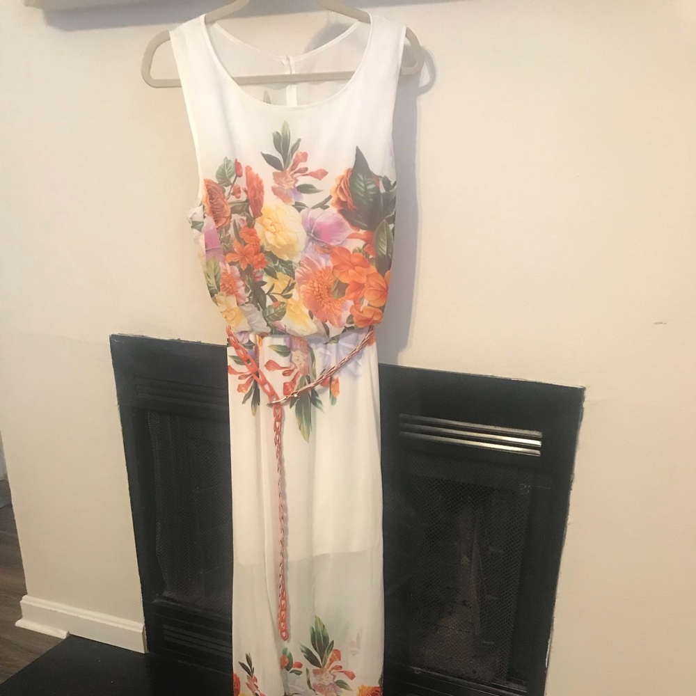 White floral dress. Belt included. Size 14